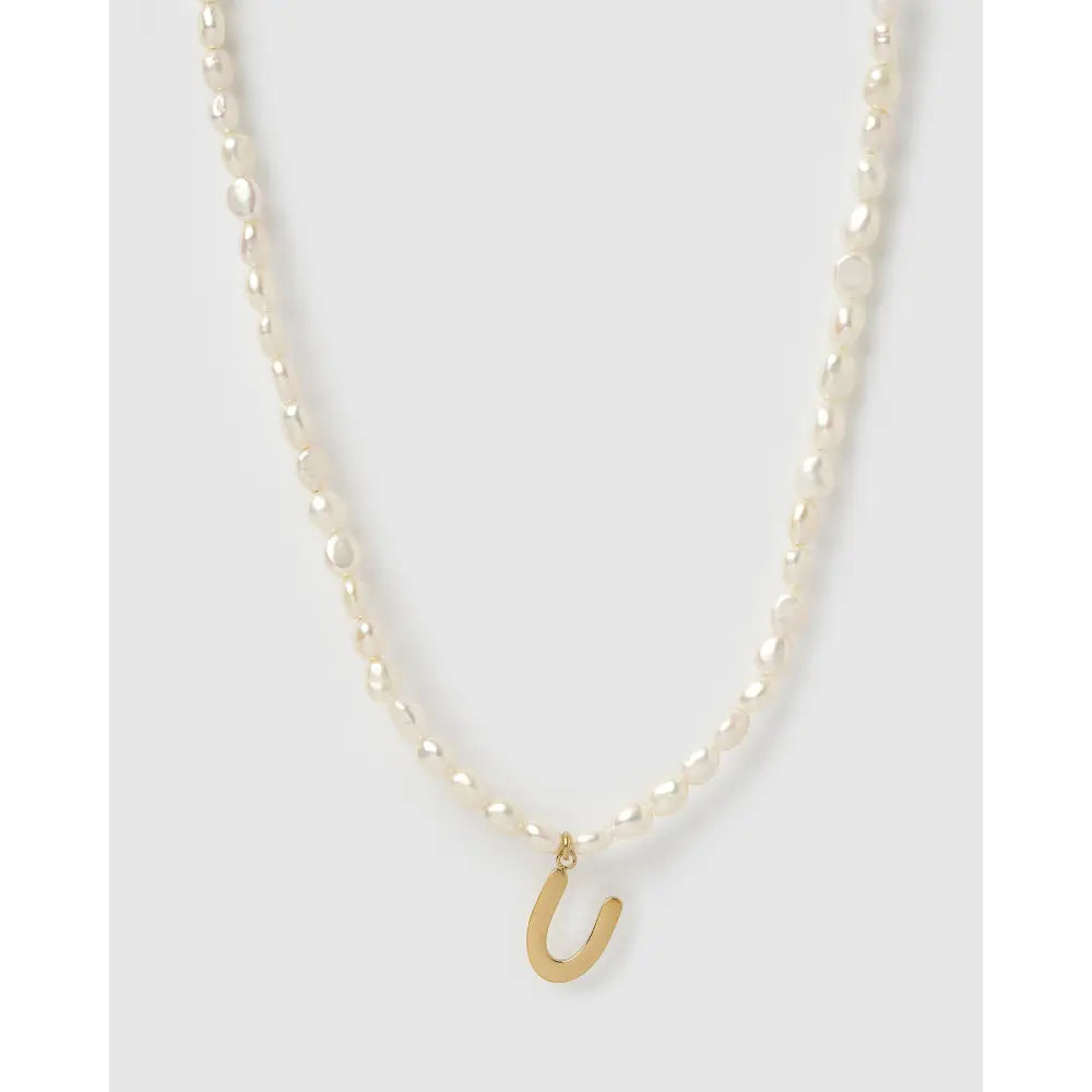 Statement Letter Pearl Gold Necklace - U - Necklaces
