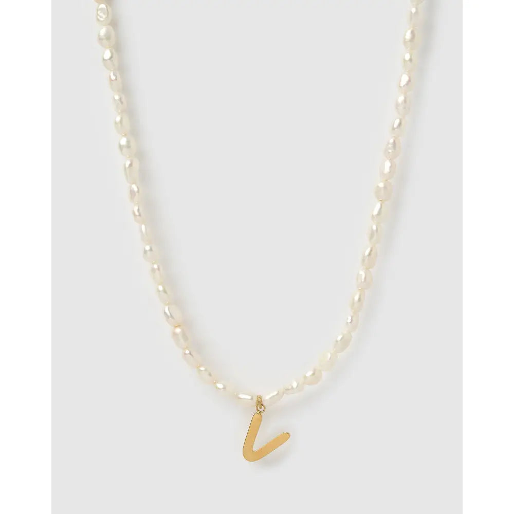 Statement Letter Pearl Gold Necklace - V - Necklaces