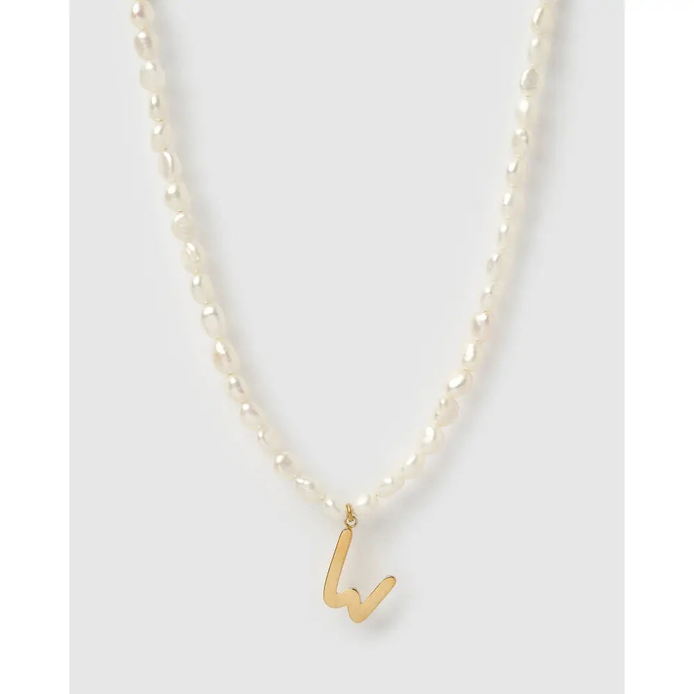 Statement Letter Pearl Gold Necklace - W - Necklaces