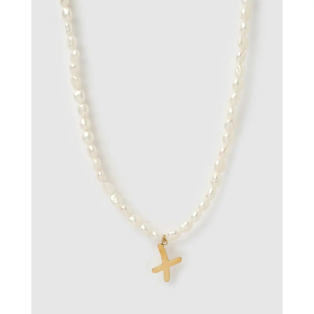 Statement Letter Pearl Gold Necklace - X - Necklaces