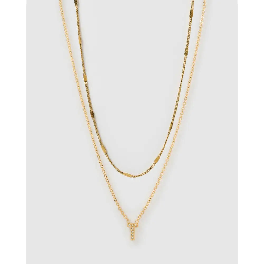 Stone Initial Necklace Stack - T - Necklaces