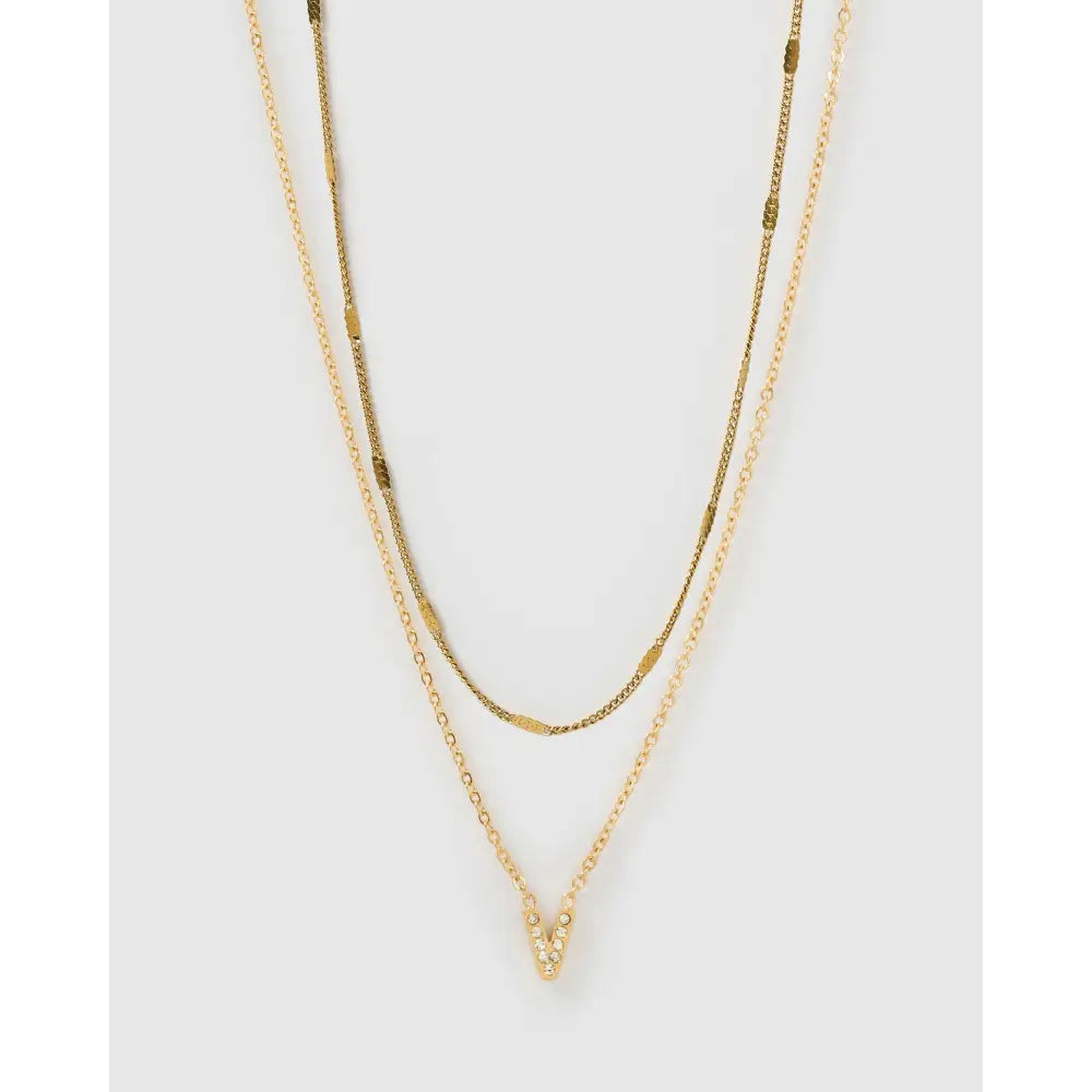 Stone Initial Necklace Stack - V - Necklaces